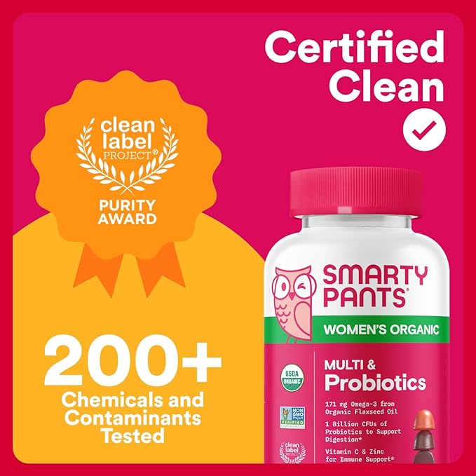 SmartyPants Organic Women's Multivitamin Gummies: Biotin, Probiotics, Methylfolate, Omega 3 (ALA), Vitamin D3, C, Vitamin B12, B6, A, K & Zinc, Inositol, Gluten Free, 120 Count (30 Day Supply)