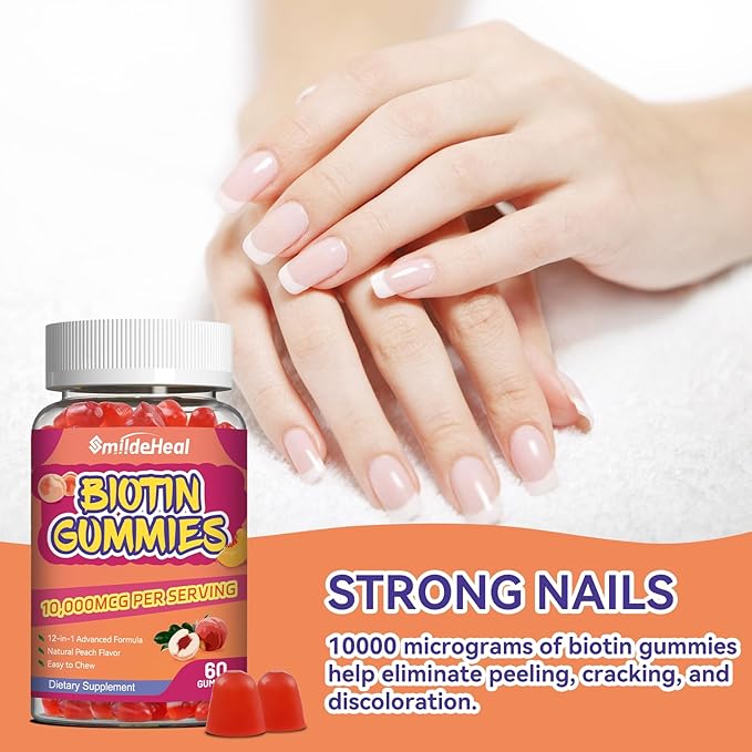 Biotin Gummies for Hair Growth 10000 mcg, Hair Skin and Nails Gummies with Folic Acid, Vitamins A, B, C, E & D, Vegan biotin Vitamins for Women & Men, 60 Gummies