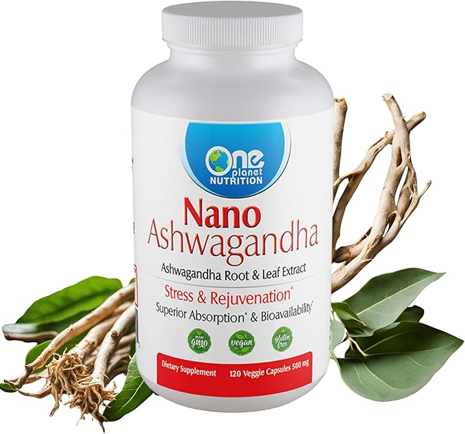 Nano Ashwagandha Root & Leaf 500 mg Veggie Capsules (120 Servings), 10:1 Extract, Supports Hormone & Neurological Function for Stress Relief, Non-GMO, Vegan, Gluten-Free