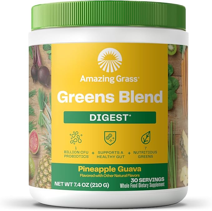 Amazing Grass Greens Blend Digest: Super Greens Powder Smoothie Mix for Digestion Support with Organic Spirulina, Chlorella, Beet Root Powder, Digestive Enzymes & Probiotics, 30 Servings