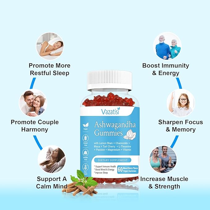 Sugar Free Ashwagandha Gummies for Women Men, Organic Ashwa Root Extract Supplement for Relax Restore Balance, Vegan Gluten Free, 60 Count
