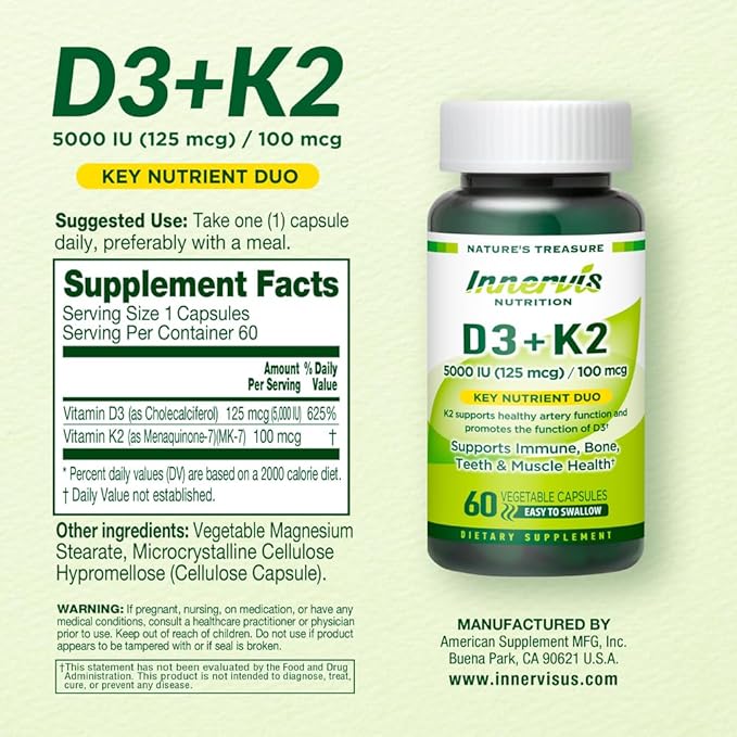 Vitamin D3 5000 IU + K2 100 mcg Immune Support Healthy Bone Teeth 60 Vegetable Capsules Supplement
