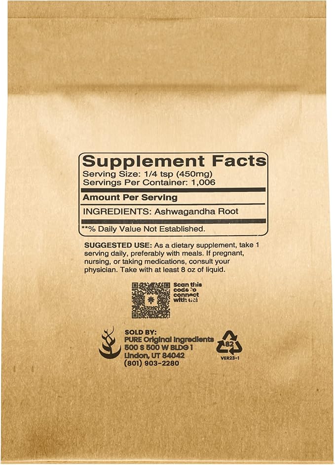 PURE ORIGINAL INGREDIENTS Ashwagandha (1lb) Natural and Pure, Vegan, Gluten-Free, Lab-Verified