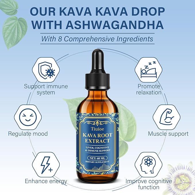 Potent Kava Kava Drink, Kava Drops with High Concentration of Kava Root, Ashwagandha, Lemon Balm, Valerian Root, Kava Extract for Immune Health, Vegan & Alcohol Free, 60ml