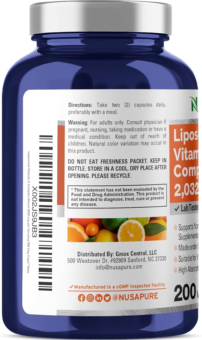 NusaPure Liposomal Vitamin C 2032mg - 200 Veggie Vegan Capsules, BioPerine - High Absorption Ascorbic Acid