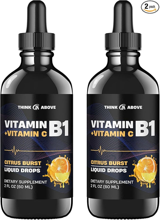Vitamin B1 + Vitamin C Liquid Drops - Energy & Immune Support Supplement - 2 fl oz (60 ml) Pack of 2 - Fast Absorption, Easy-to-Use