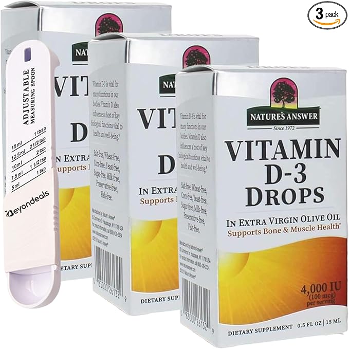 Vitamin D3 Drops | Bundled Measuring Spoon - Vitamin D3 4000 Iu Potency in Virgin Olive Oil, Bone & Muscle Support, Easy-to-Use Dropper [Pack of 3]