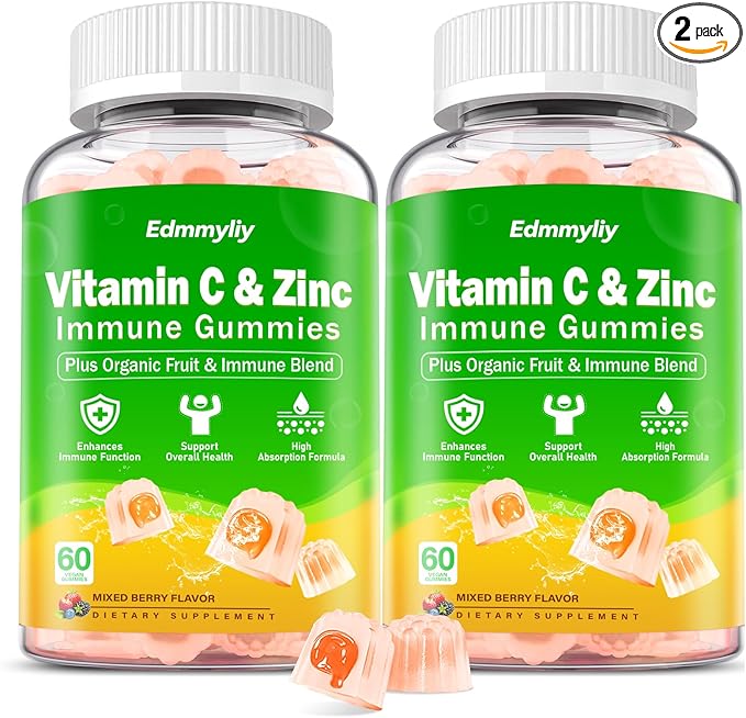 Organic Vitamin C Gummies for Adults - Chewable Vitamin C with Zinc & Iron and Vitamin D3 5000iu for Women Men - Immune Support Supplement Gummies