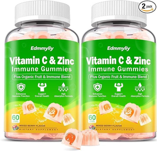 Organic Vitamin C Gummies for Adults - Chewable Vitamin C with Zinc & Iron and Vitamin D3 5000iu for Women Men - Immune Support Supplement Gummies