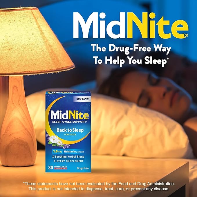 MidNite Back To Sleep Low Dose, 1.5 mg Melatonin Sleep Aid, Non-habit Forming, Herbal Dietary Supplement For Adults, Drug-free, Gluten-free, Lactose-free, Vegetarian, Vegan, 30 Quick Melt Tablets 2 ct