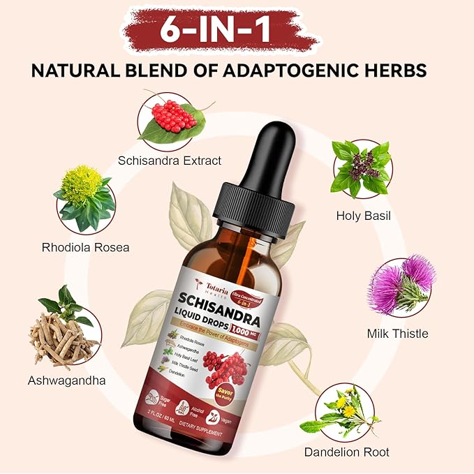 Schisandra Supplement 6-in-1 Schisandra Berry Drops with Rhodiola Rosea, Ashwagandha, Holy Basil, Milk Thistle, Dandelion Root Adaptogen for Mood Stress Liver Health 2Fl.Oz