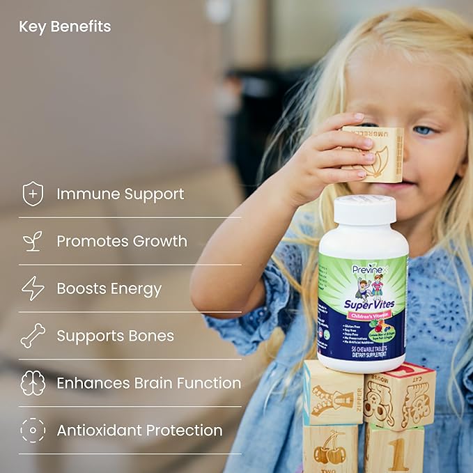 Super Vites® - Multivitamin for Kids, Chewable Tablets, Gluten Free, Soy Free, Dairy Free & Preservative Free with 28 Organic Super Fruits & Veggies, 4-Week Supply