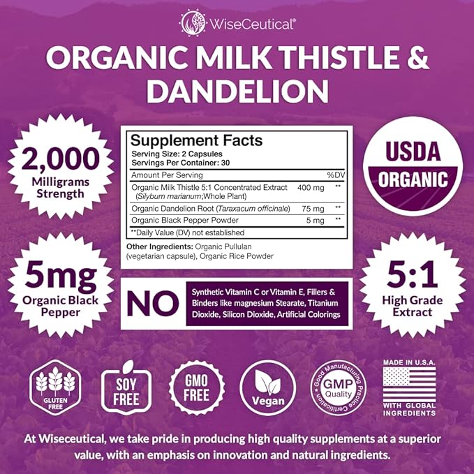 Max Absorption USDA Organic Milk Thistle Potent 5:1 Concentrated Extract (2000mg Strength) & Organic Dandelion Root | Silymarin Antioxidant Flavonoid | Liver Support Supplement (60 Count (Pack of 2))