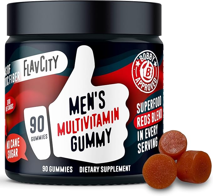 FlavCity Multivitamin for Men - Daily Mens Multivitamins Gummies with Premium Vitamins, Minerals & Prebiotic Fiber - No Cane Sugar or Seed Oils - with Organic Beets, Acai & More (90 Gummies)