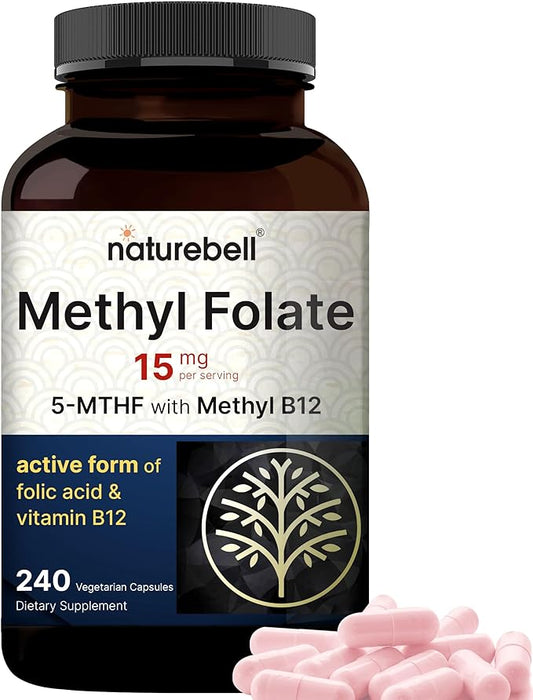 NatureBell L Methylfolate 15mg, 240 Veggie Capsules | 5-MTHF with Methyl B12 1,000mcg | High Potency Dual Action for Energy & Cognitive Support, Active Folic Acid – Methyl Folate Supplement