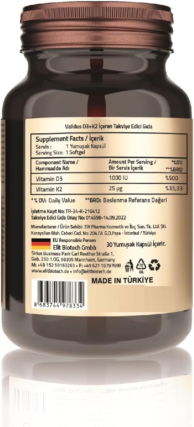 Validus Premium Formula Vitamin D3 + K2 Supplement High Potency 1000 IU D3 & 25mcg K2 - Supports Bone Health, Heart Health, Immune System, Enhanced Calcium Absorption - Non-GMO, Gluten-Free (30)