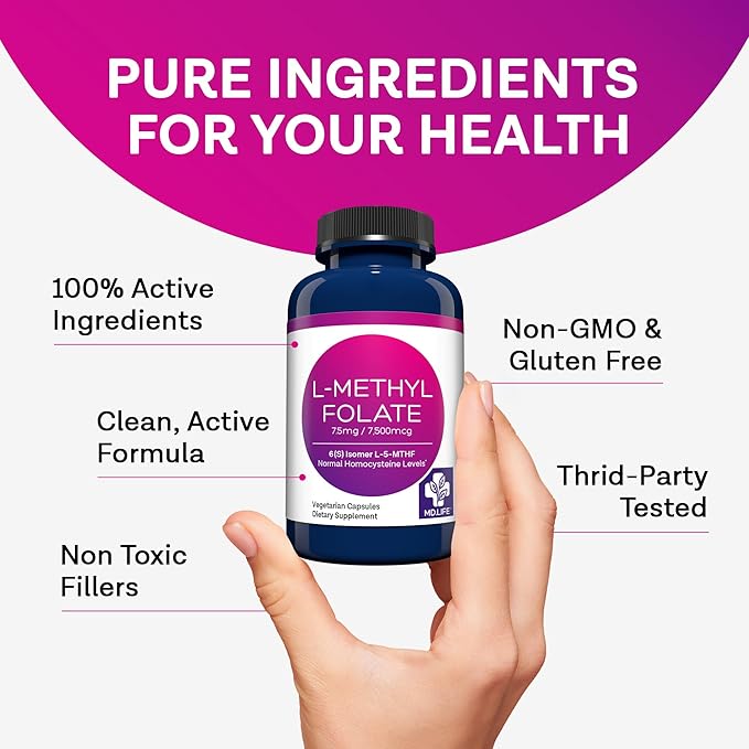 MD Life L-Methylfolate 7.5mg - Professional-Grade Active Methylfolate Supplement - Maximum Potency MTHFR Supplements - L-methylfolate 7.5 mg 60 Capsules - Essential Amino Acids