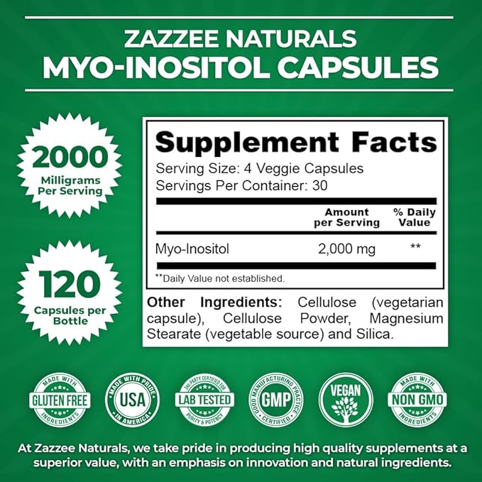 Zazzee Myo-Inositol Capsules, 2000 mg per Serving, 120 Vegan Capsules, Ideal Dosage for 40:1 Ratio, 100% Vegetarian, Hormone Balance & Healthy Ovarian Function Support, All-Natural and Non-GMO
