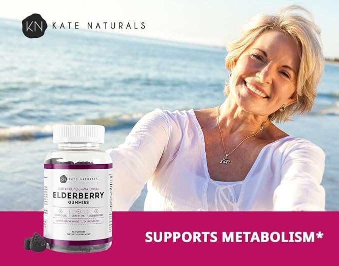 Kate Naturals Elderberry Gummies with Vitamin C and Zinc for Adults & Kids. Tasty Sambucus Elderberry Gummies for Immune Support (90 Gummies, 45 Day Supply)