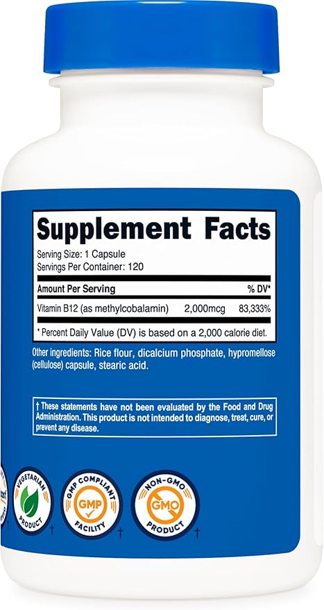 Nutricost Vitamin B12 (Methylcobalamin) 2000mcg, 120 Capsules - Vegetarian Caps, Non-GMO, Gluten Free B12 Supplement