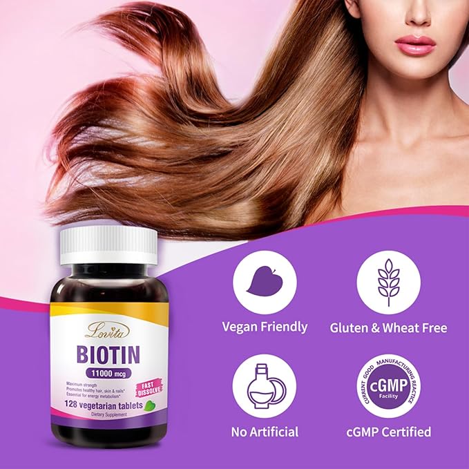 Lovita Maximum Strength 11,000mcg Biotin: Fast-Dissolving, Vegetarian Tablets - Easily Absorbed, Gluten & Dairy-Free, 128 Vegan-Friendly Tablets