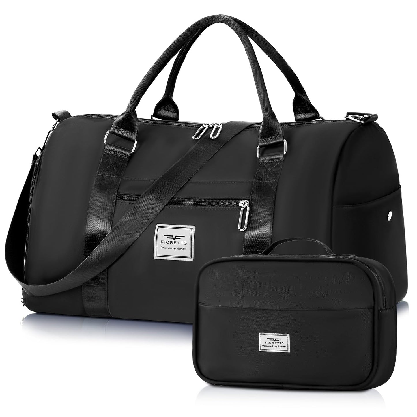 FIORETTO Womens Gym Tote Duffle Bag with Toiletry Bag, Sports Duffel Overnight Hospital Workout Carry on Bag for Girls with Wet Pocket & Shoe Compartment, Ideal for Travel, Swimming, Dance Black