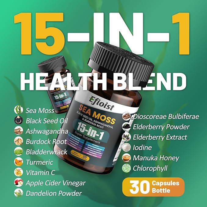 Sea Moss Black Seed Oil Ashwagandha Ginger & Burdock Root Turmeric Bladderwrack Chlorophyll ACV Supplement 30 Count