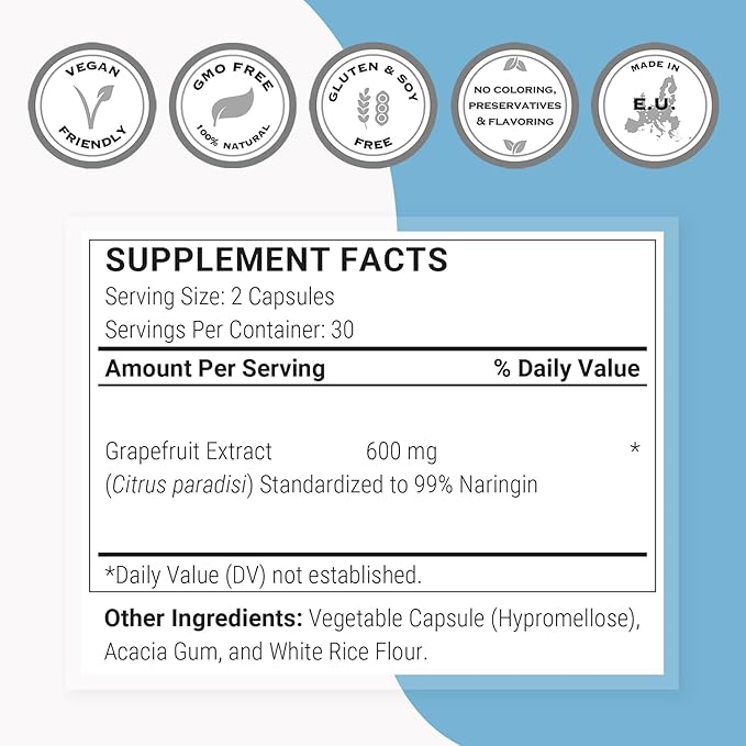 Supersmart - Grapefruit Extract 600mg per Day (99% Naringin) - High Potency GSE Supplement | Non-GMO & Gluten Free - 60 Vegetarian Capsules