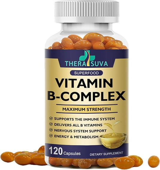 Vitamin B-Complex + CoQ10 + Vitamin C - Max Strength Supplement for Energy, Metabolism Support, 120 Softgels, 60 Day Supply