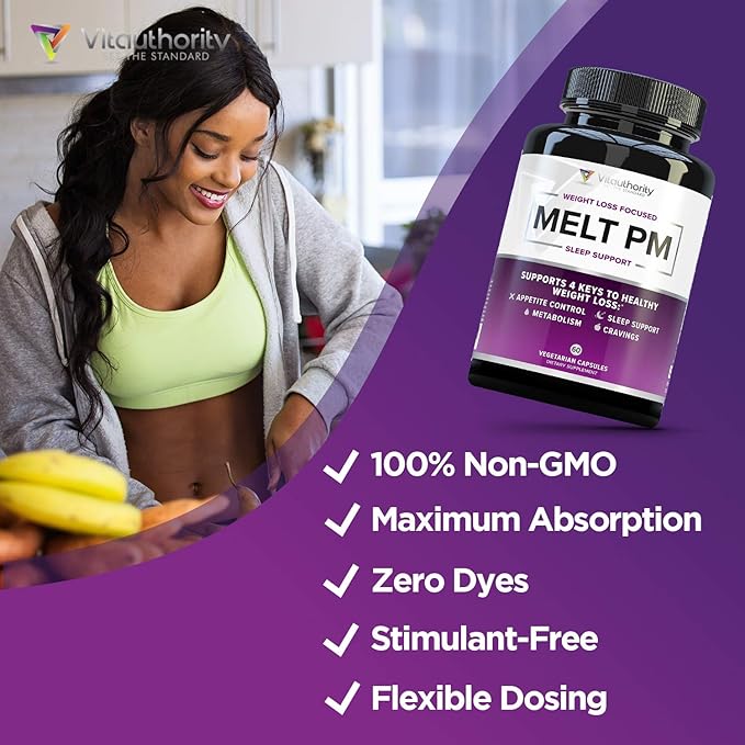 Vitauthority MELT PM Nighttime & Weight Loss Pills: Naturally Support More Restful Sleep, with Ashwagandha & L-Theanine - 30 Servings