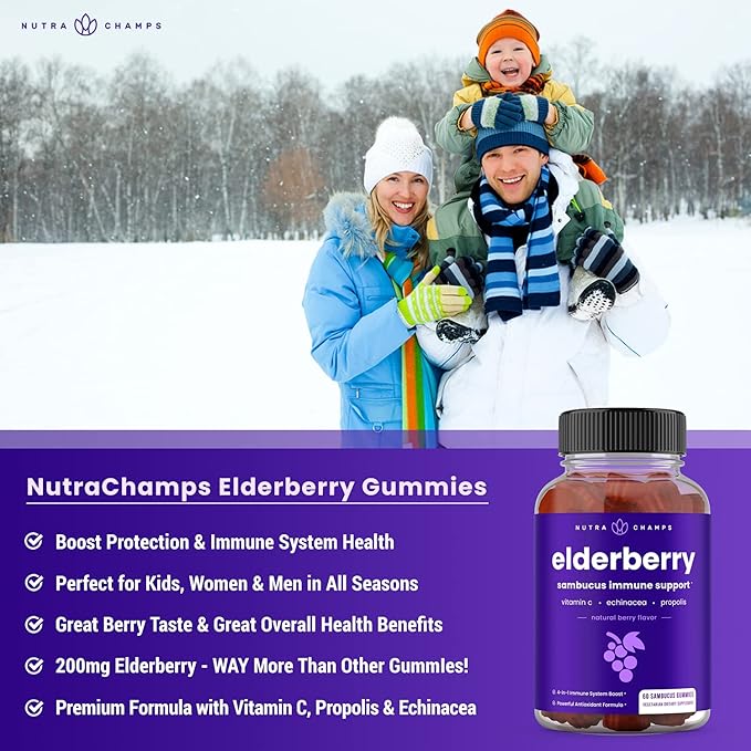 NutraChamps Elderberry Gummies, Sambucus Elderberry Gummies for Adults & Kids, Vitamin C, Propolis & Echinacea, Max Strength Immune Support Gummies, Natural Berry Flavor, 120 Gummies (Pack of 2)