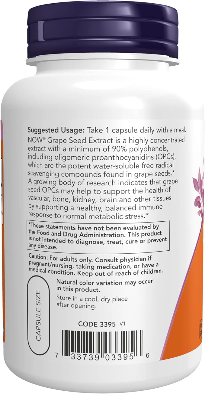 NOW Supplements, Grape Seed Extract, Maximum Strength 500 mg (a Highly Concentrated Extract with a Minimum of 90% Polyphenols), 90 Veg Capsules, Red/Brown, 0.25 pounds (Pack of 2)