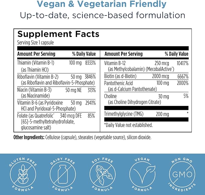 Designs for Health Methylated Vitamin B Complex - Vitamin B Supplements with B12 Vitamins, B1, B3, Niacin, B6, Folate & Biotin - Methylated Multivitamin for Metabolic + Heart Health (60 Capsules)