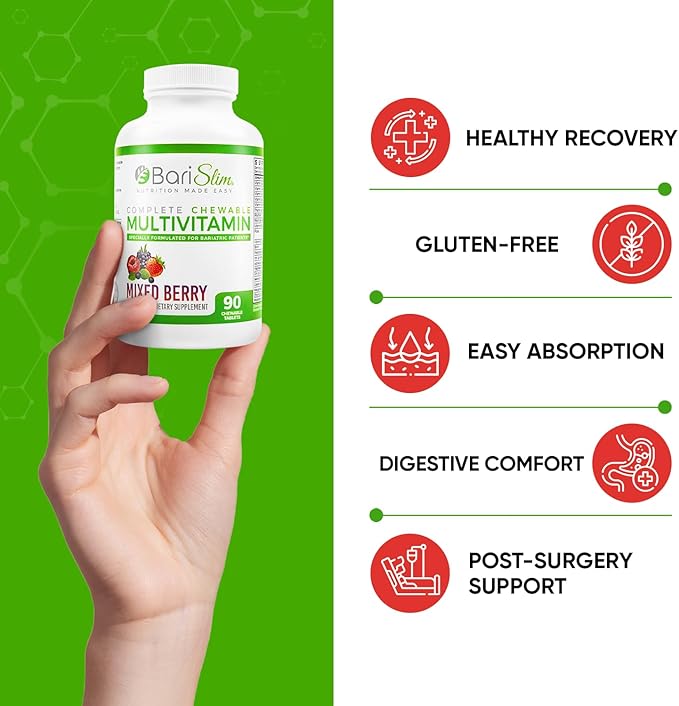 BariSlim Chewable Bariatric Multivitamin Tablets - Specially Formulated Chewable Tablets for Patients After Weight Loss Surgery - Easy to Digest & Great Tasting Fruit Flavors | Pack of 2
