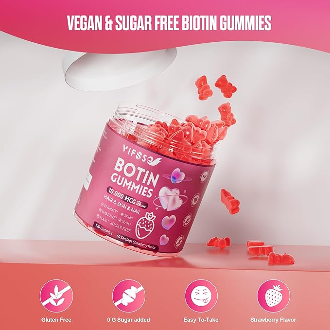 Biotin Gummies for Hair, 120 Sugar Free Gummies Skin and Nails - Extra Strength 10,000mcg, Vegan Vitamins for Men & Women, Supports Faster Hair Growth and Stronger Nails