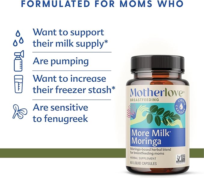 Motherlove More Milk Moringa (135 Liquid caps) Moringa-Based Lactation Supplement to Support Breast Milk Supply—Non-GMO, Organic Herbs, Vegan, Kosher