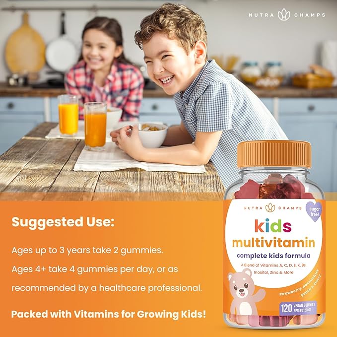NutraChamps 120 Gummy Vitamins for Kids (Pack of 2), Sugar Free Kids Vitamins Gummy Multivitamin, Vegan & Non-GMO, Strawberry, Passionfruit, Peach & Cherry