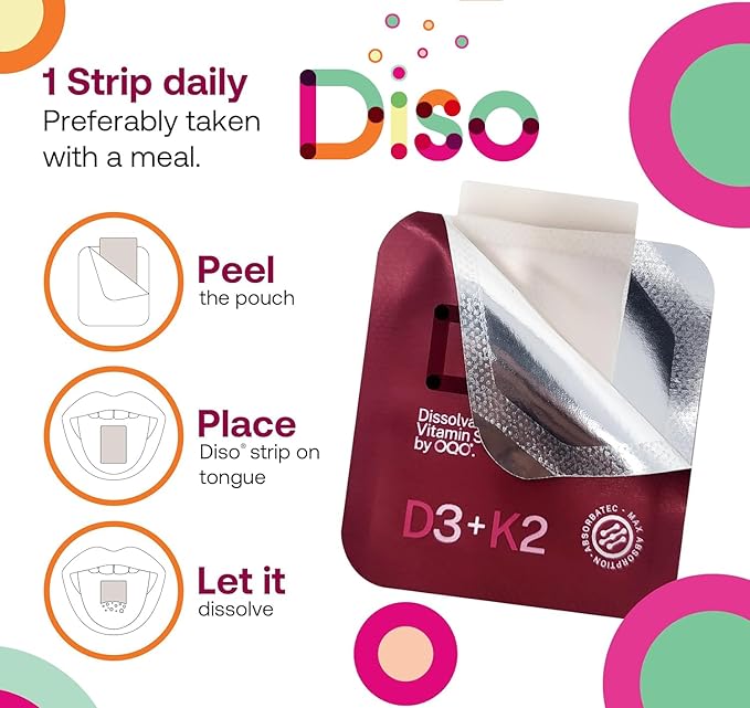 DISO - D3+K2 - Dissolvable Supplement Oral Strips, Wild Raspberry Flavor, Vegan, Sugar Free, Maximum Absorption, Gluten Free, Individually Wrapped, for Healthy Bones and Teeth, 30 Count