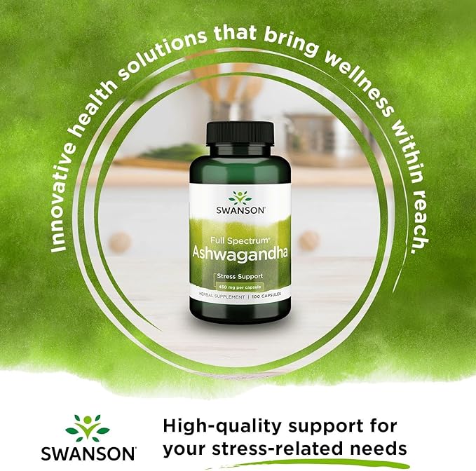Swanson Ashwagandha Powder Supplement-Ashwagandha Root & Aerial Parts Supplement Promoting Stress Relief & Energy Support-Ayurvedic Supplement for Natural Wellness (100 Capsules, 450mg Each)