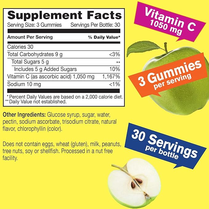 Vitamin C 1050 mg Gummies 2 Pack - Sour Apple Flavor - Immune Support Dietary Supplement, Antioxidant Support - Extra Strength Vegetarian Gummy, Non-GMO, Gluten Free - 30 Servings