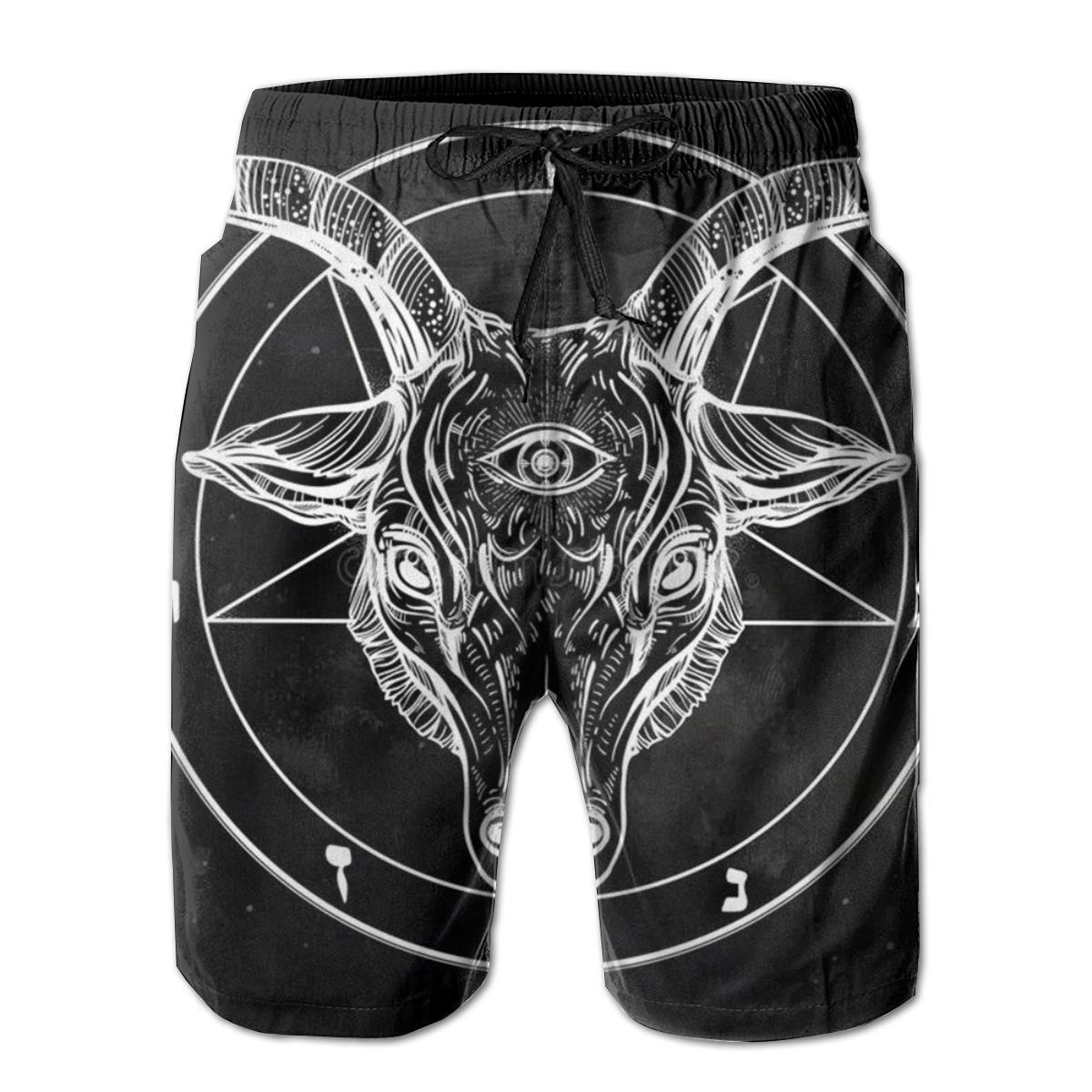 Mens Swim Trunks Pentagram with Demon Baphomet Satanic Goat Quick Dry Beach Shorts with Pockets