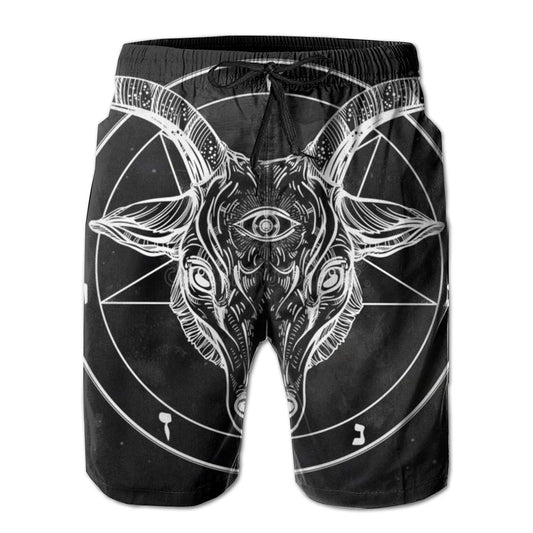 Mens Swim Trunks Pentagram with Demon Baphomet Satanic Goat Quick Dry Beach Shorts with Pockets