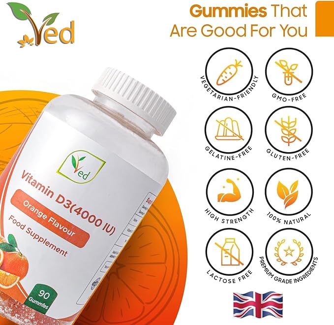 Ved Vitamin D3 Gummies for Adults 4000IU, Non GMO- Gluten Free, Orange Flavour -High Strength 90 Chewable Gummies (3 Month Supply)