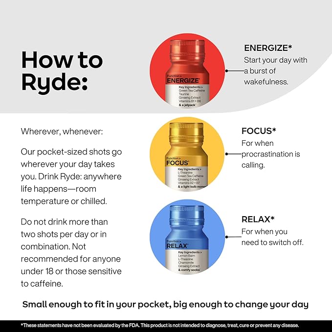 Ryde: Relax Shot | Raspberry Flavor | Lemon Balm, L-Theanine, Ginseng & Chamomile | 0 Calories, 0 Sugar | 2 FL OZ Shots | Helps You Relax* (8 Pack)