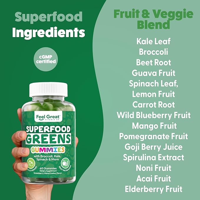Super greens Gummies - Green Superfoods Supplement with Spinach, Broccoli, Kale, Beet Root, Elderberry for Immunity Support - Fruit and Vegetable Supplement - Watermelon Flavor, 60 Gummies