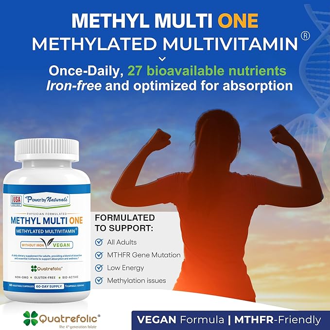 Power By Naturals Methyl Multi One – Iron-Free Methylated Multivitamin for Men & Women with B12 Methylcobalamin, P5P, Folate (5-MTHF), CoQ10 & Zinc for Energy & MTHFR Support, 60 Capsules (2-PK)