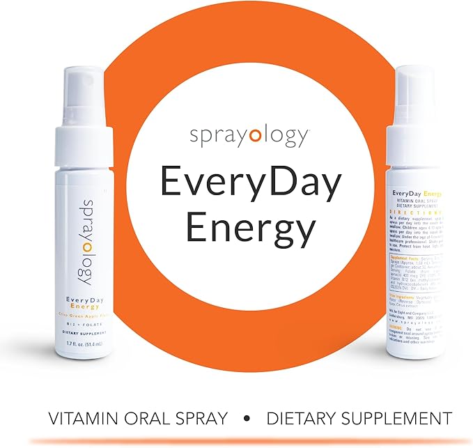 Sprayology EveryDay Energy | Vitamin B12 and Folate Supplement Spray | Vegan Oral Spray for Energy, Metabolism & Brain Support | All-Natural, Gluten-Free & Lactose-Free | 30 Day Supply (1.7 fl oz)
