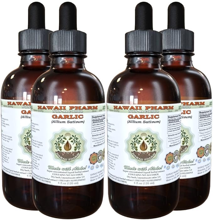 Garlic Alcohol-Free Liquid Extract, Organic Garlic (Allium sativum) Dried Powder Glycerite Hawaii Pharm Natural Herbal Supplement 4x4 oz
