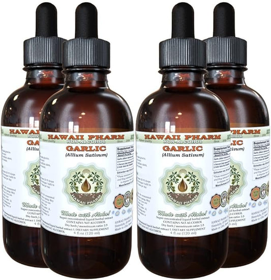 Garlic Alcohol-Free Liquid Extract, Organic Garlic (Allium sativum) Dried Powder Glycerite Hawaii Pharm Natural Herbal Supplement 4x4 oz