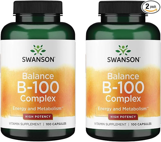 Swanson Vitamin B-100 - Vitamin Supplement Promoting Energy & Metabolism Support - High Potency Formula Supporting Heart Health, Brain Health & Nervous Function - (100 Capsules) (2 Pack)